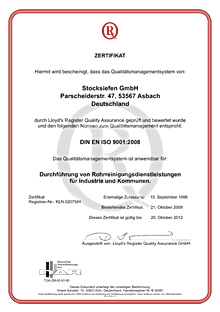 zertifiziert für die Durchführung von Rohrreinigungsdienstleistungen für Industrie und Kommunen